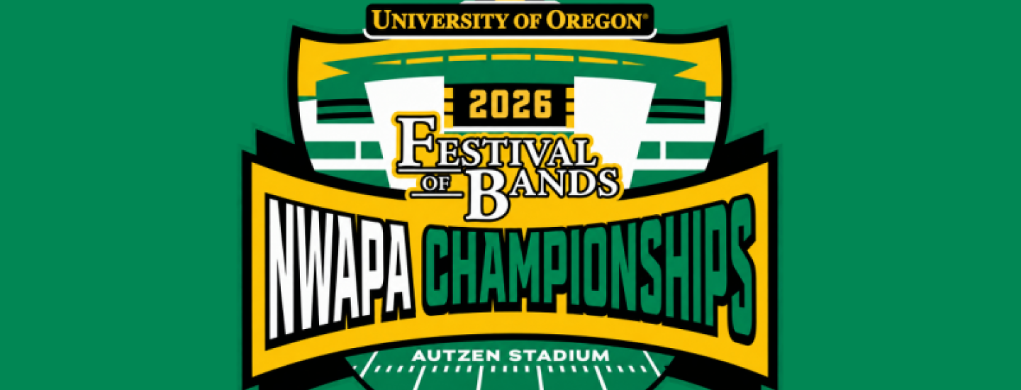 2026 Logo for oregon marching band's Festival of Bands on a dark green background with white and yellow text