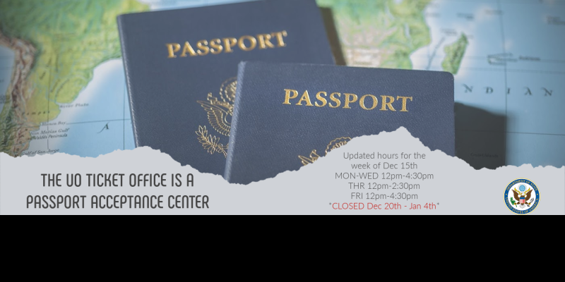 Passport acceptance hours for week of December 15th. Mon through Wed 12pm to 4:30pm. Thursday 12pm to 2:30pm and Friday 12pm to 4:0pm. Closed December 20th through January 4th for winter break