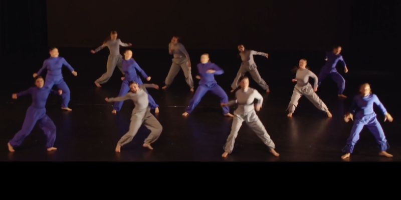 picture of 12 dancers in blue and beige on a black stage
