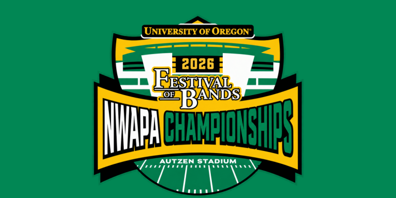 2026 Logo for oregon marching band's Festival of Bands on a dark green background with white and yellow text